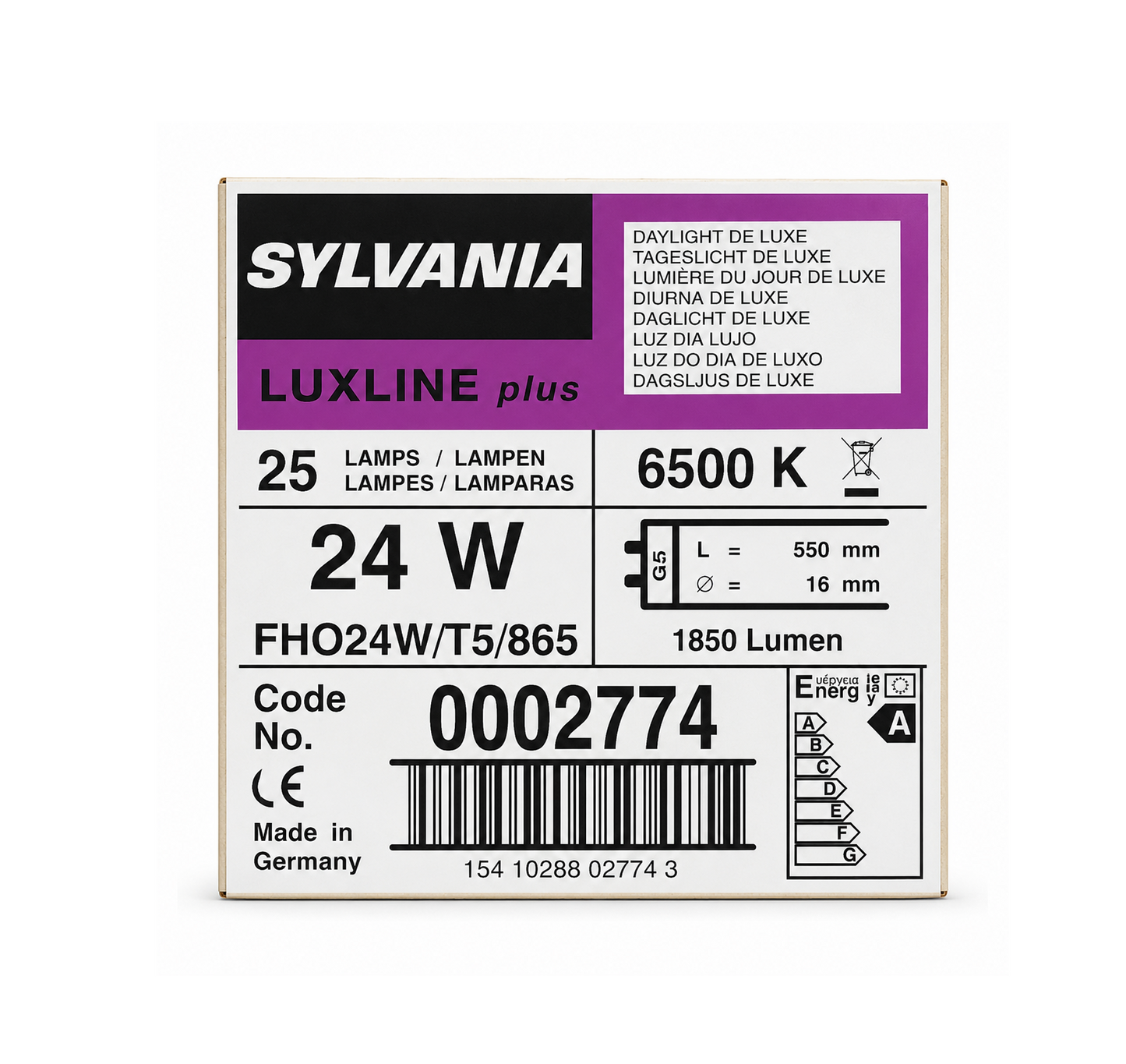 25 x Sylvania Luxline Plus T5 FHO 24W/865 – 6.500 K Tageslichtweiß