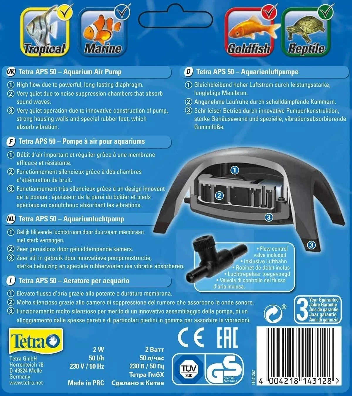 Tetra APS 50 Aquarium Luftpumpe - leise Membranpumpe für Aquarien von 10-60 L