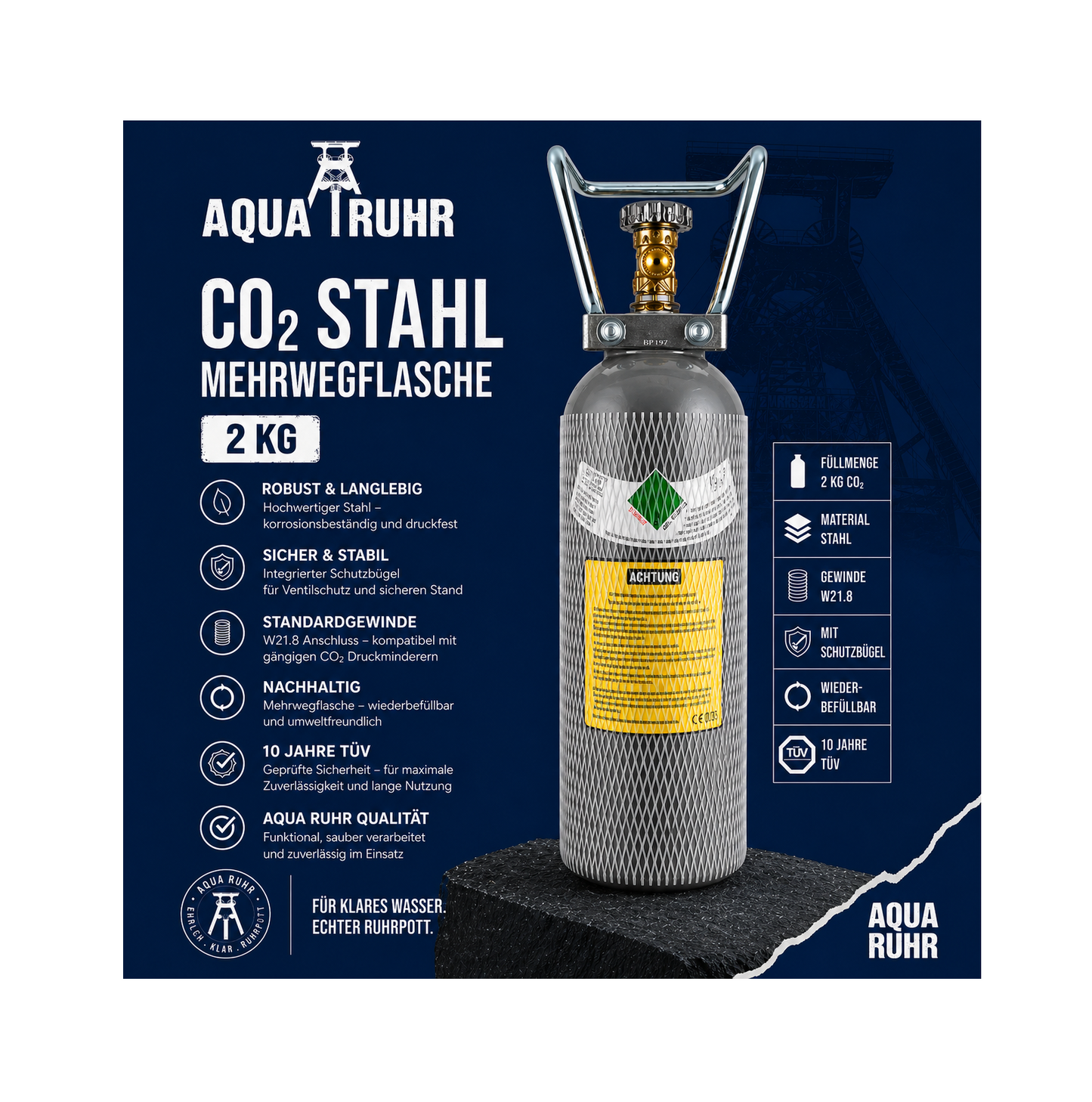 CO₂-Mehrwegflasche 2 kg – fabrikneu aus Stahl
