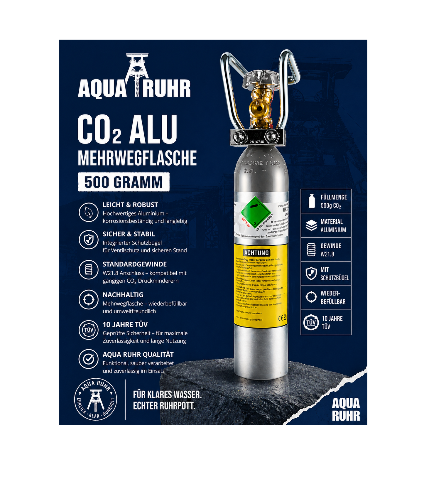 500g CO₂-Mehrwegflasche aus Alu inkl. gratis Standfuß