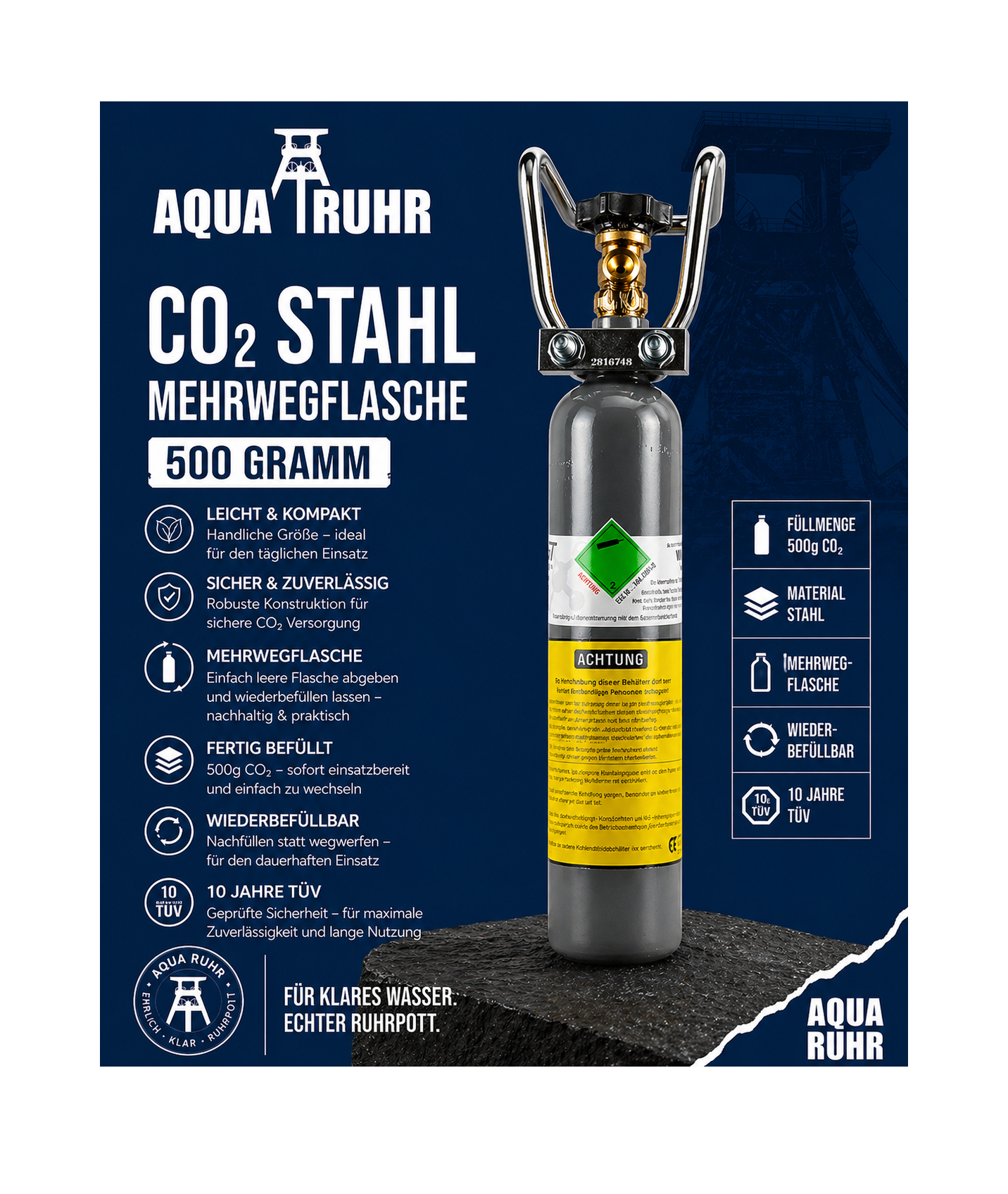 500g CO₂-Mehrwegflasche aus Stahl inkl. gratis Standfuß