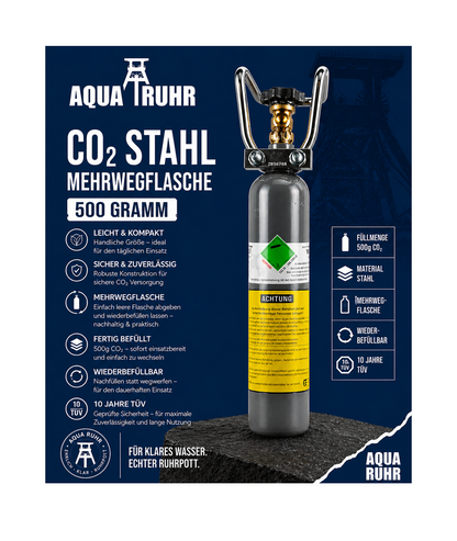 500g CO₂-Mehrwegflasche aus Stahl inkl. gratis Standfuß