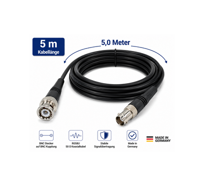 BNC Verlängerungskabel Made in Germany | RG58U | BNC Stecker auf BNC Kupplung | 50 Ω | 2 m, 5 m oder 10 m