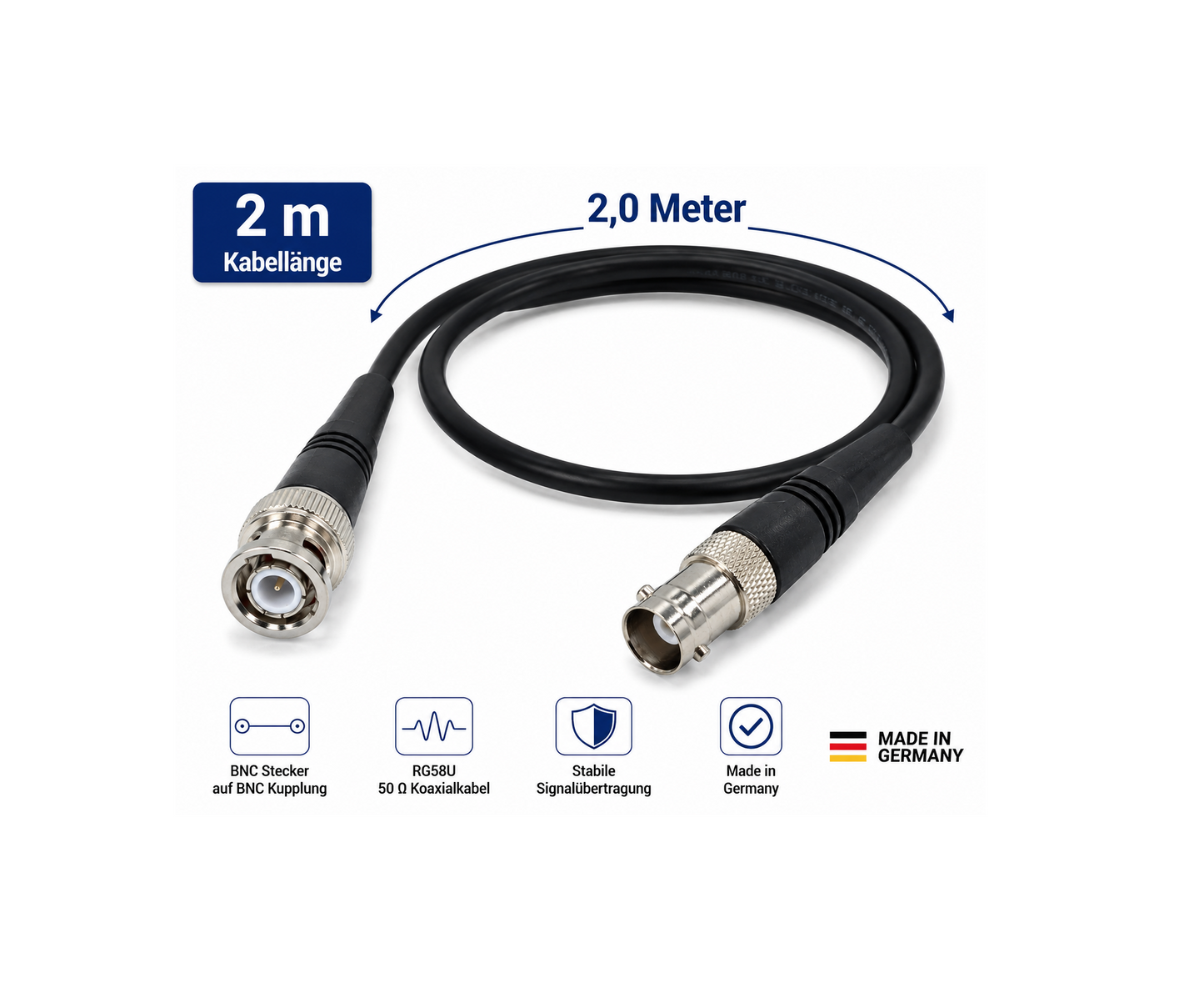 BNC Verlängerungskabel Made in Germany | RG58U | BNC Stecker auf BNC Kupplung | 50 Ω | 2 m, 5 m oder 10 m