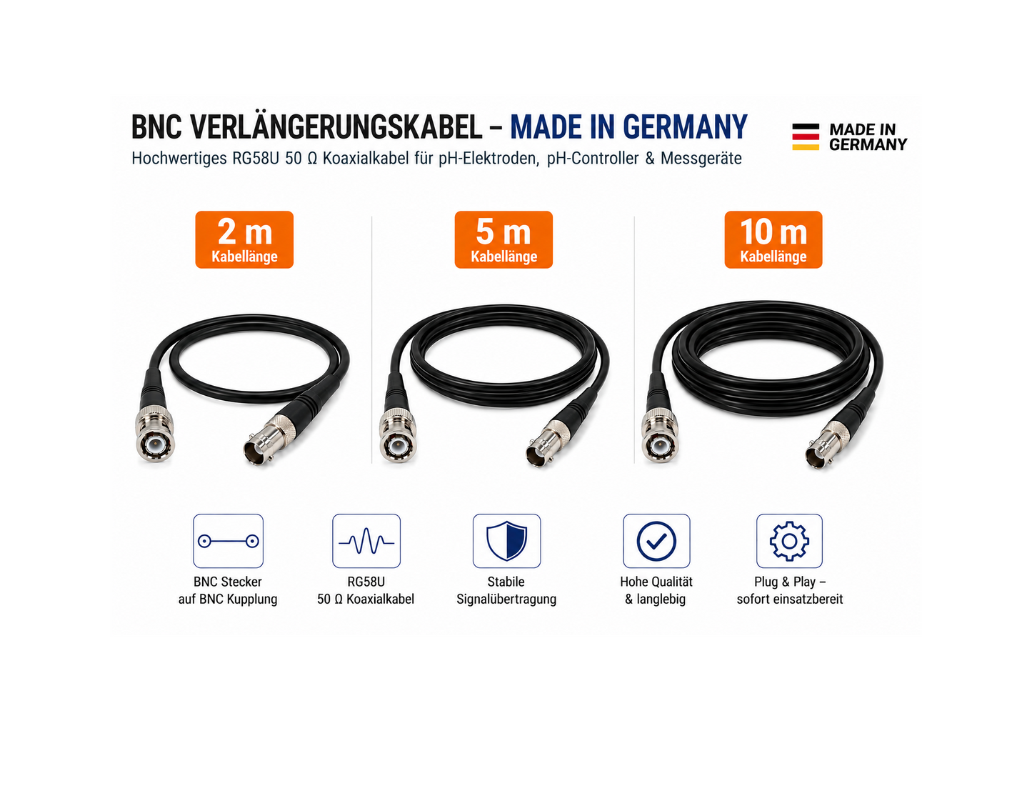 BNC Verlängerungskabel Made in Germany | RG58U | BNC Stecker auf BNC Kupplung | 50 Ω | 2 m, 5 m oder 10 m