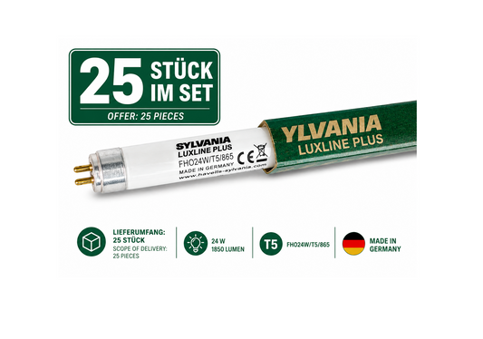 25 x Sylvania Luxline Plus T5 FHO 24W/865 – 6.500 K Tageslichtweiß