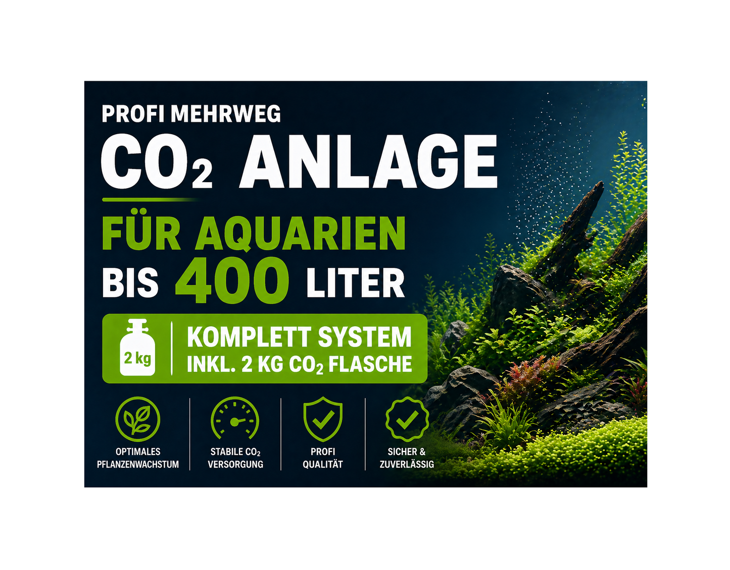 CO₂ Dünge Profi Anlage für Aquarien bis 400 Liter – Komplettset inkl. 2 kg Mehrwegflasche