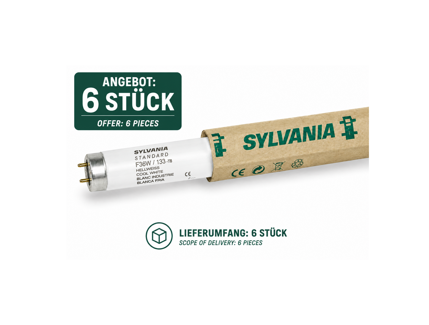 6x SYLVANIA Standard F36W/133-T8 Leuchtstoffröhre 36 Watt