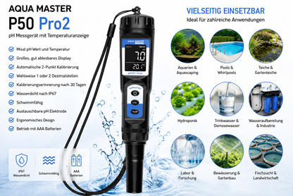 Aqua Master P50 Pro2 pH Messgerät mit Temperaturanzeige – Digitales pH Meter für Aquarium, Wasseranalyse und Hydroponik