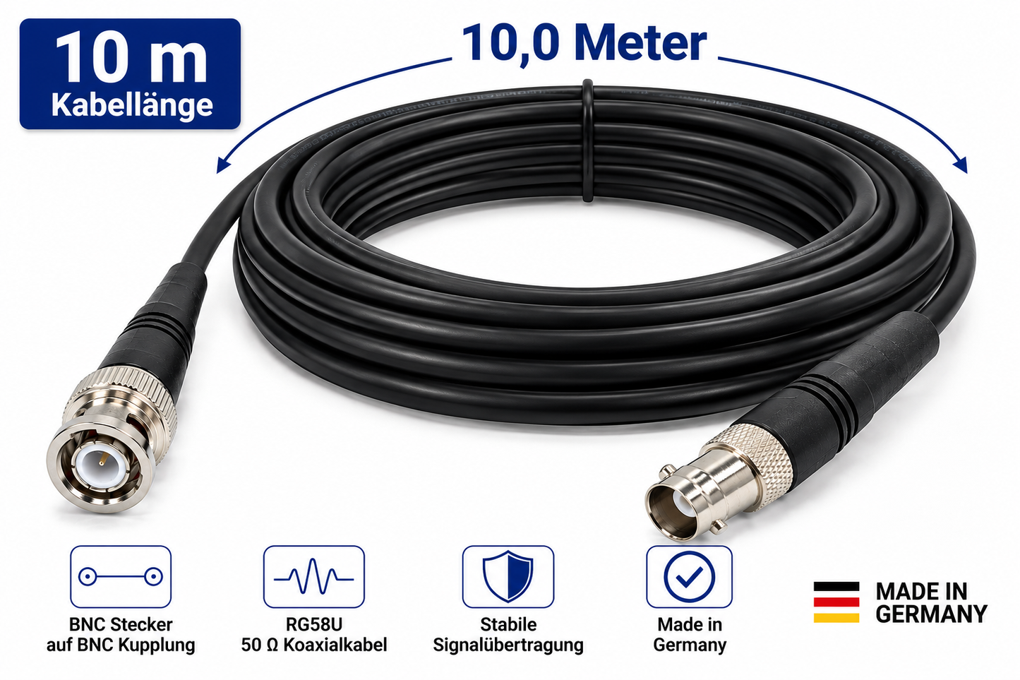 BNC Verlängerungskabel Made in Germany | RG58U | BNC Stecker auf BNC Kupplung | 50 Ω | 2 m, 5 m oder 10 m