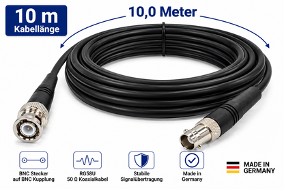 BNC Verlängerungskabel Made in Germany | RG58U | BNC Stecker auf BNC Kupplung | 50 Ω | 2 m, 5 m oder 10 m