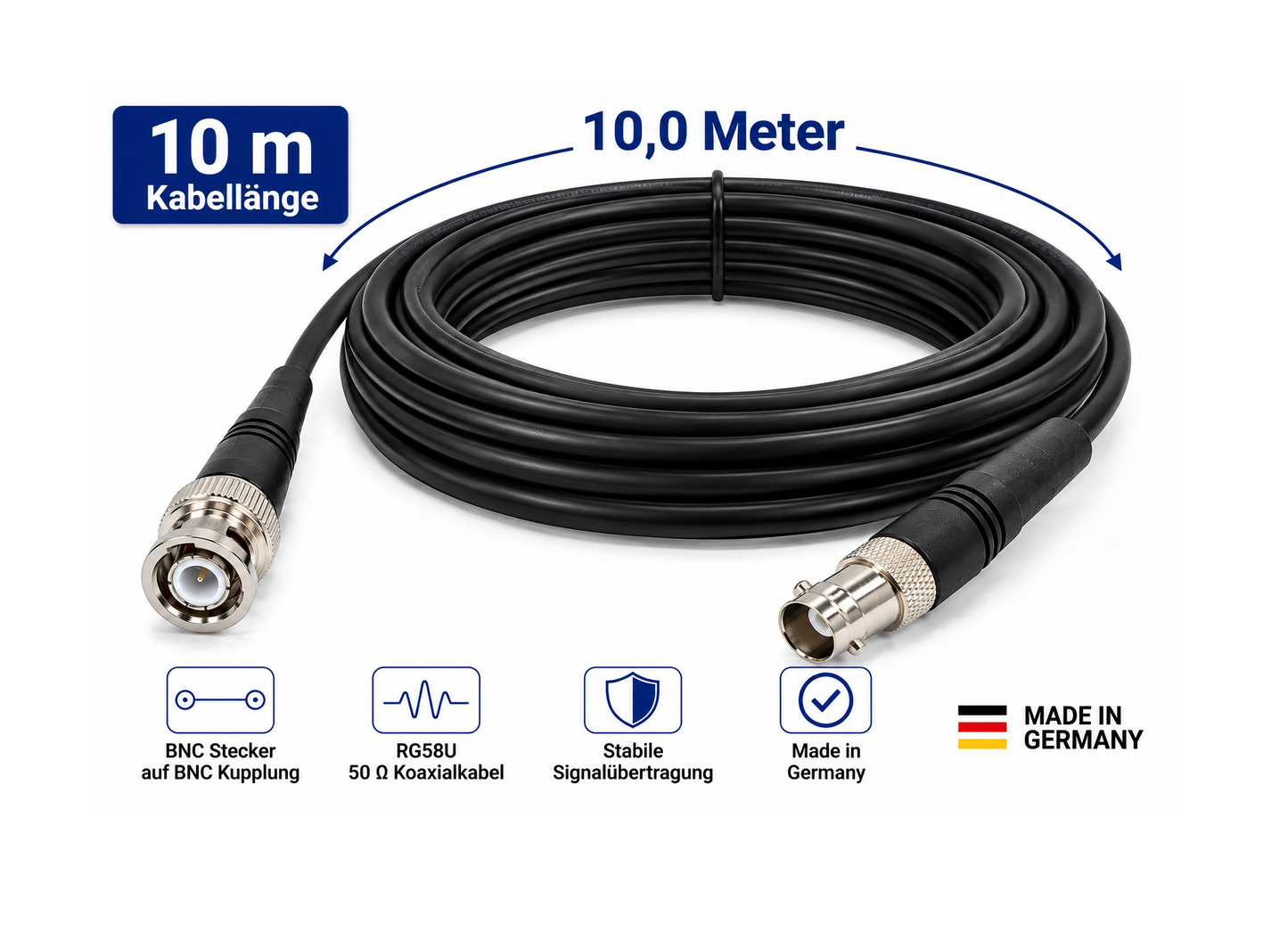 BNC Verlängerungskabel Made in Germany | RG58U | BNC Stecker auf BNC Kupplung | 50 Ω | 2 m, 5 m oder 10 m